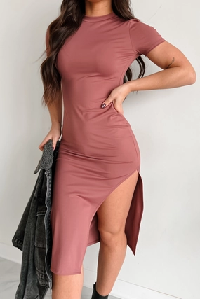 Shayla Open Back Midi Dress (Red Mauve) Subtle Motion Soft and Stylish