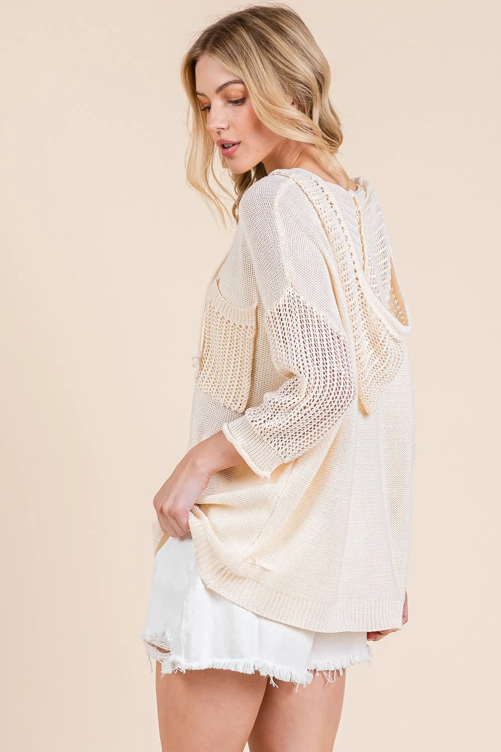 Sheer Knit Hoodie Pullover Sweater