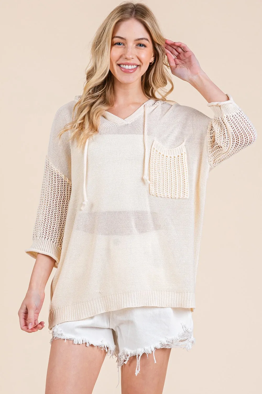 Sheer Knit Hoodie Pullover Sweater