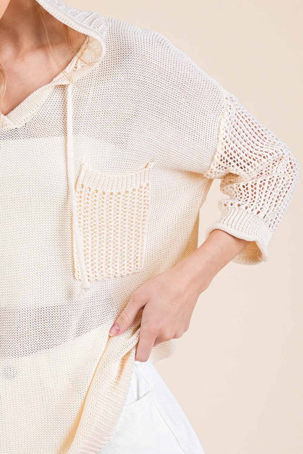 Sheer Knit Hoodie Pullover Sweater