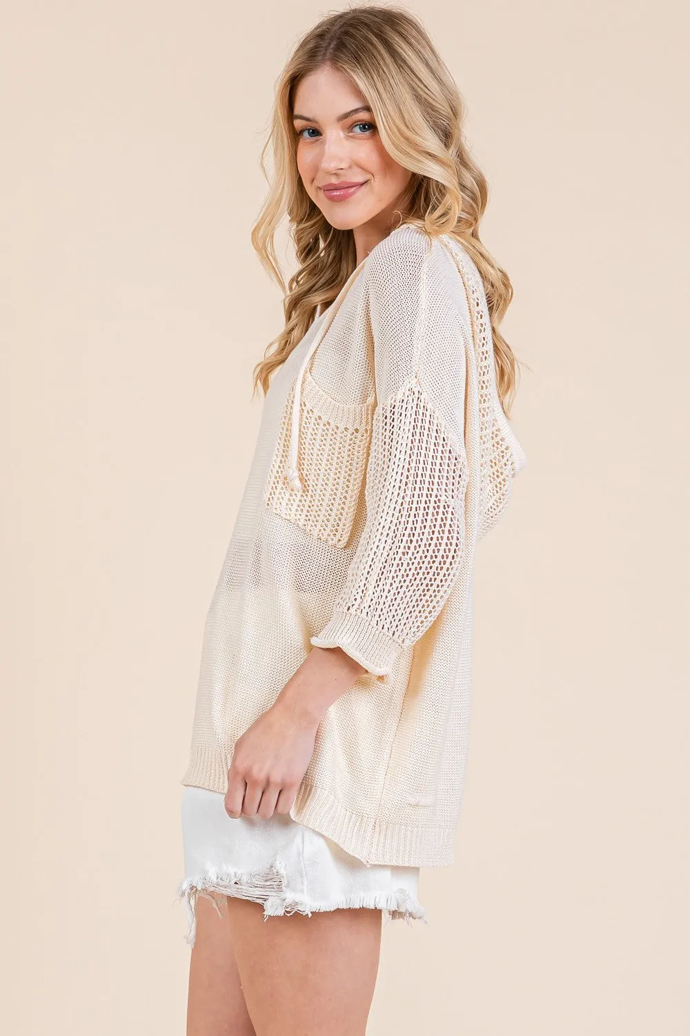 Sheer Knit Hoodie Pullover Sweater