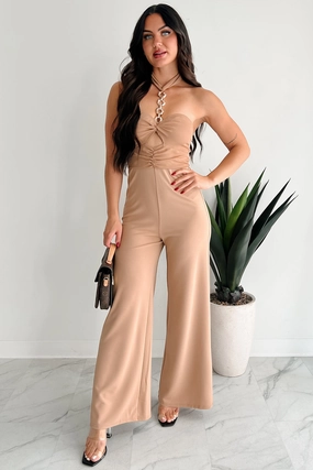 Occasion Wear Trendy Everyday Sheer Ferocity Chain Strap Cutout Jumpsuit (Taupe)