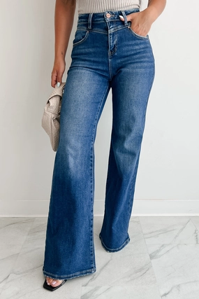 Soft Brushed Lining AntiStatic Material Sheridan High Rise Wide Leg Risen Jeans (Dark)