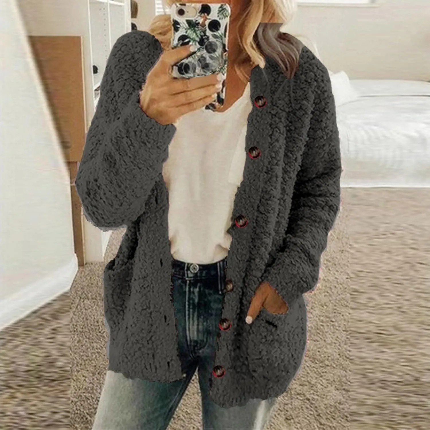 Sherpa Jackets for Women Lightweight Cardigan Sweaters Fall Winter Coats Warm Fleece Jacket with Pocket 2024