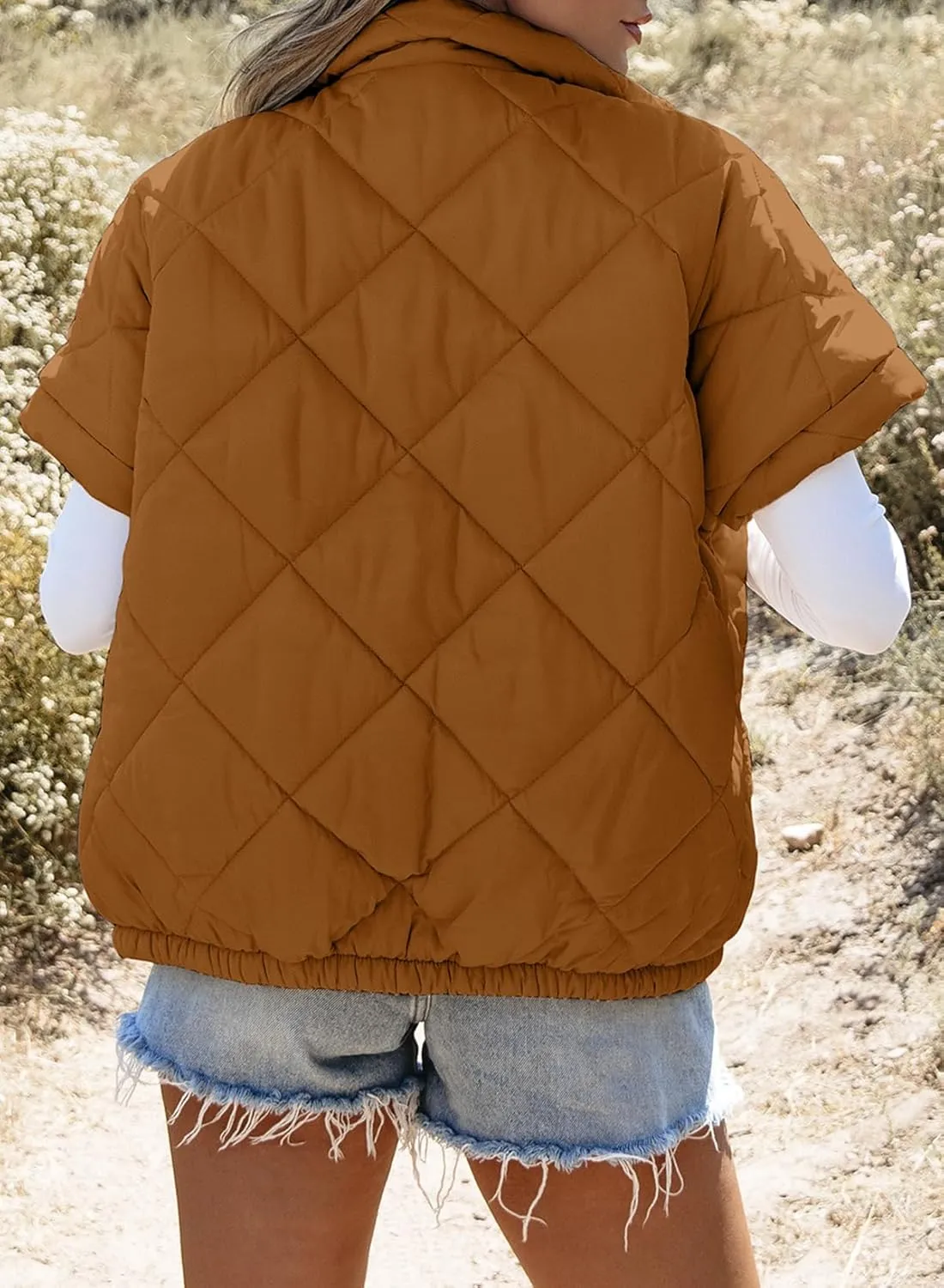 SHEWIN Quilted Jackets For Women 2024 Casual Lightweight Short Sleeve Zip Up Warm Vests