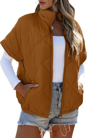 SHEWIN Quilted Jackets For Women 2024 Casual Lightweight Short Sleeve Zip Up Warm Vests