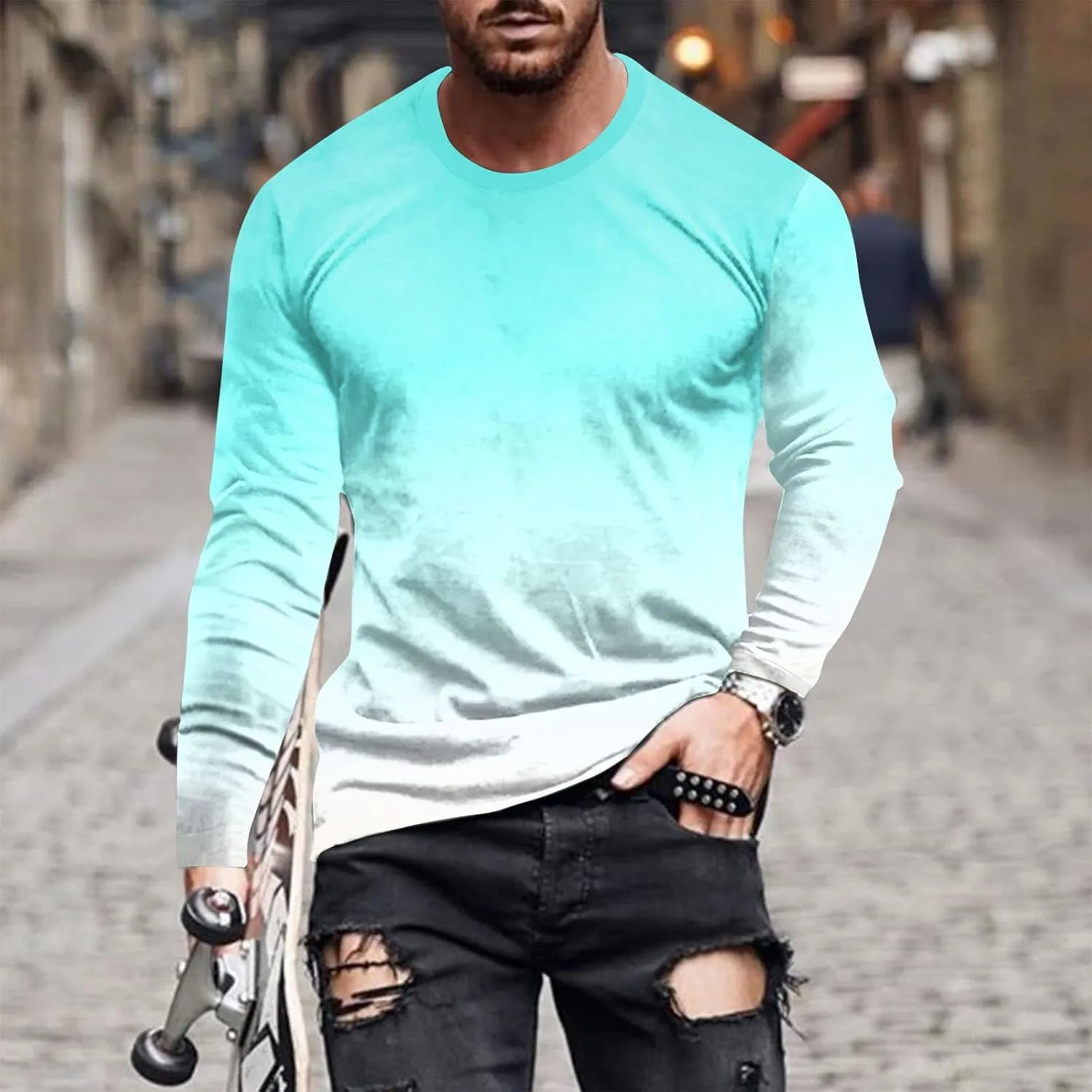 Shirts for Men Long Sleeve Casual Loose Gradient Color Print Crewneck Sweatshirt Lightweight Gym Workout Pullover Top