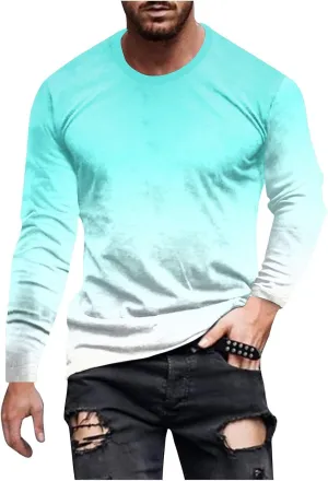 Shirts for Men Long Sleeve Casual Loose Gradient Color Print Crewneck Sweatshirt Lightweight Gym Workout Pullover Top
