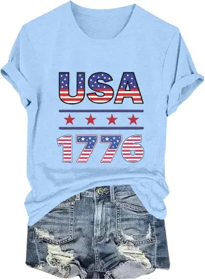 Shirts for Women 4th of July Outfits Flag Print Womens Tops Comfy Independence Day T Shirts USA Short Sleeve Shirts