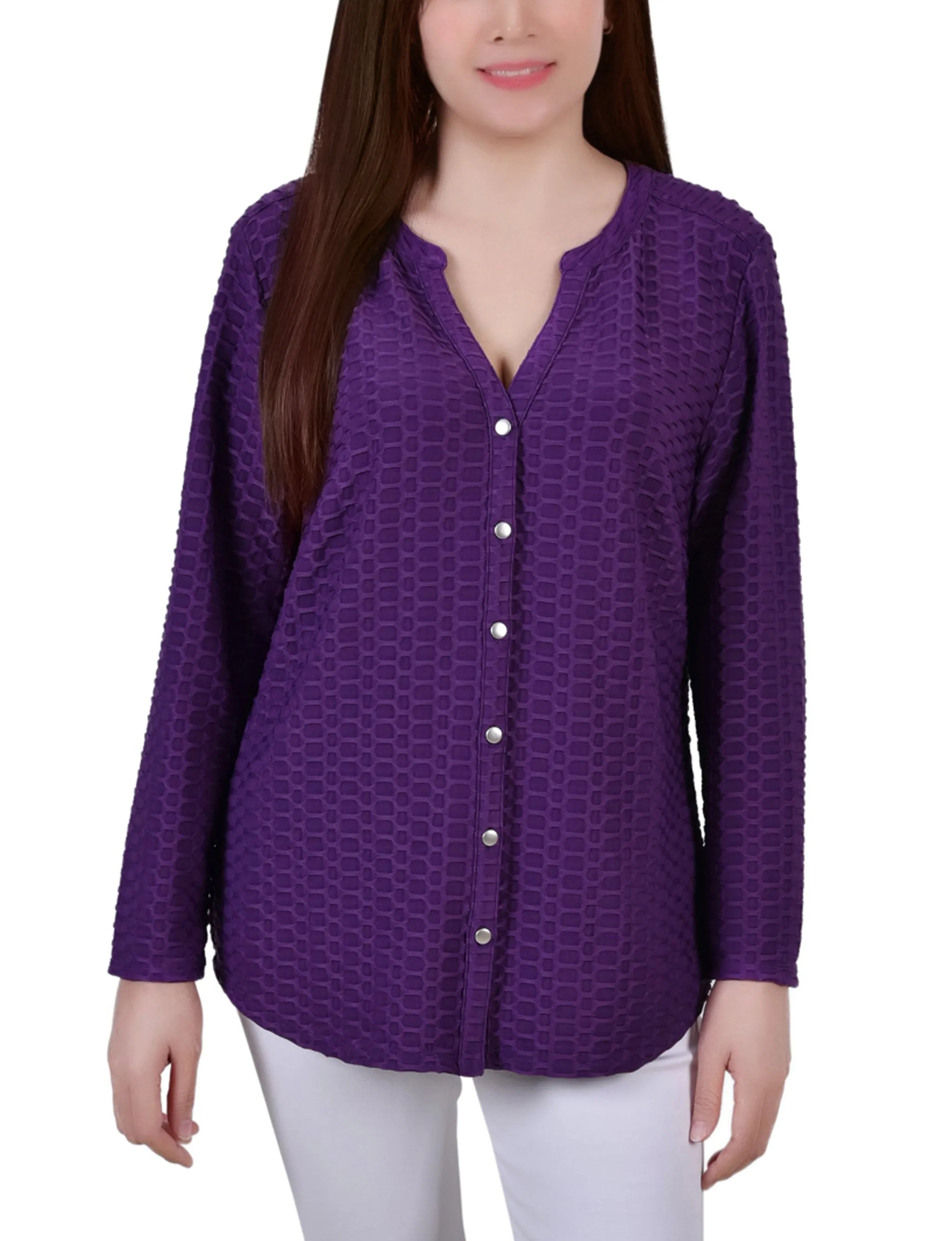 Long Sleeve Honeycomb Top Quick Access Slit Chic Sweater