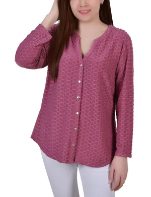 Interlock Stitch Detail Convertible Design Long Sleeve Honeycomb Top