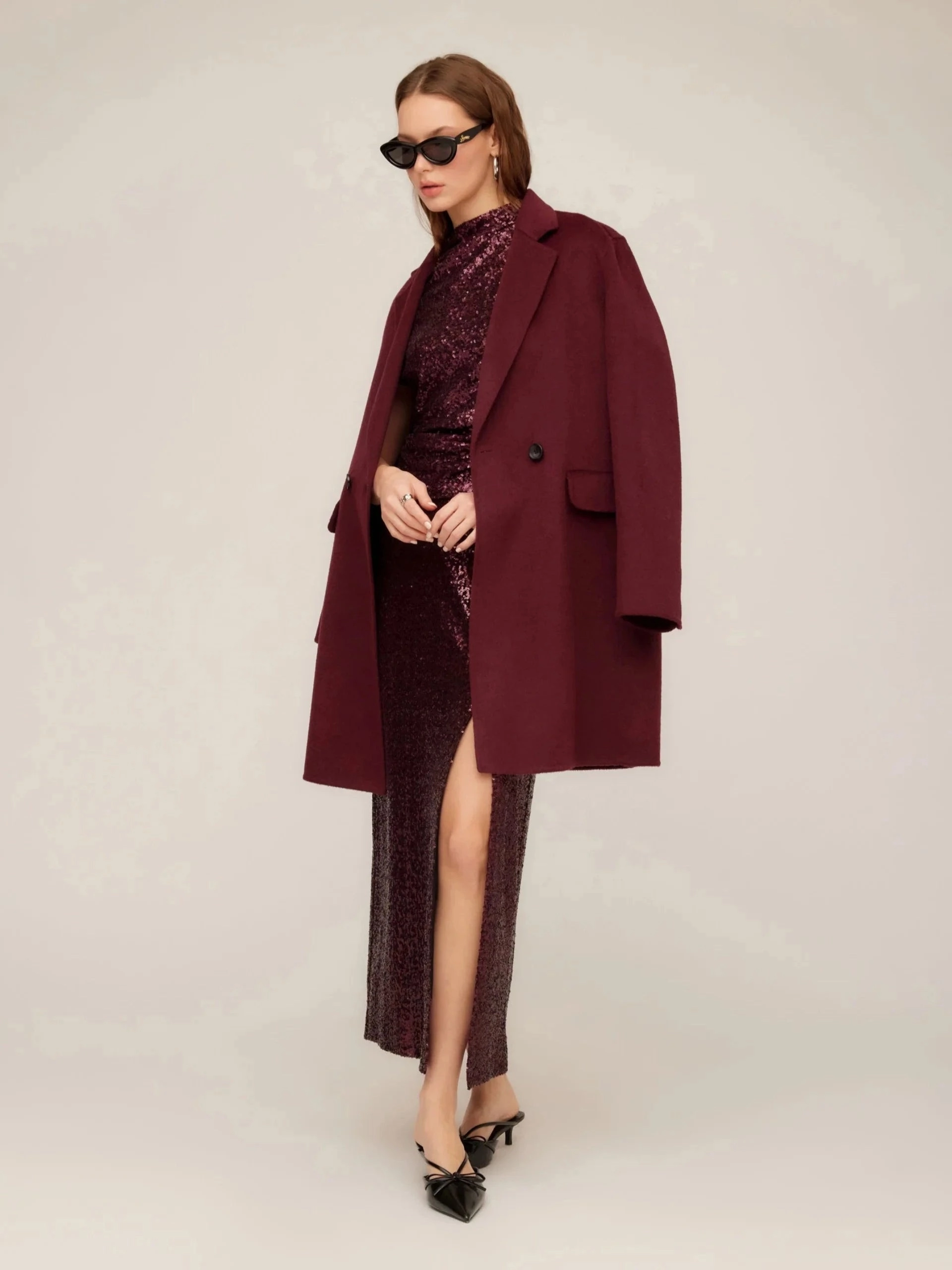 Breathable fabric Row Brushed Coat Wine