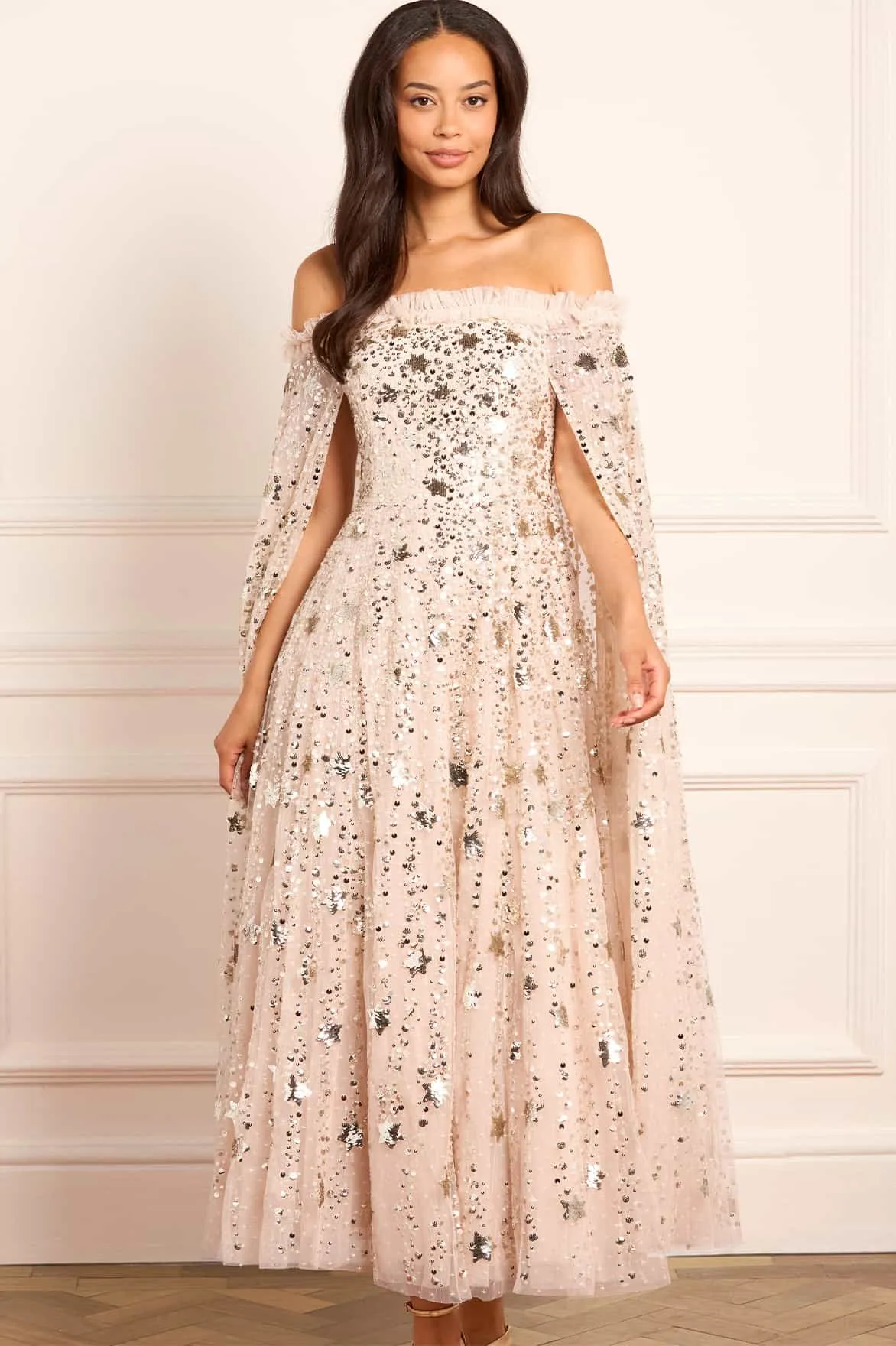 Sleek Touch Shooting Stars Cape Ankle Gown
