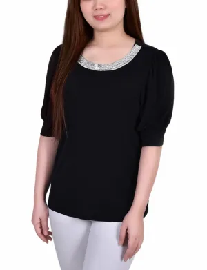 Short Beaded Puff Sleeve Top AllPurpose Design ShockAbsorbing
