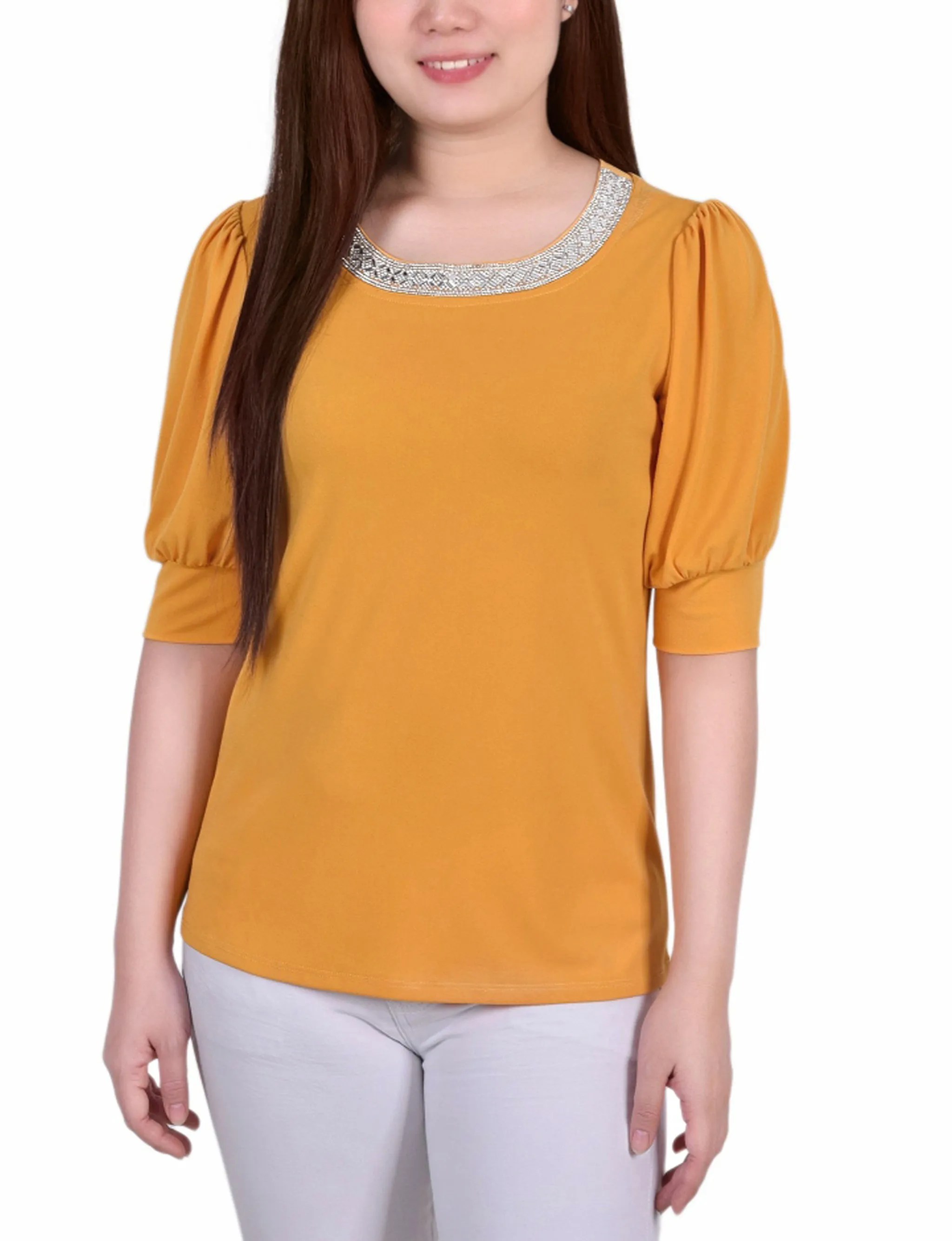 Soft Touch Feel Short Beaded Puff Sleeve Top