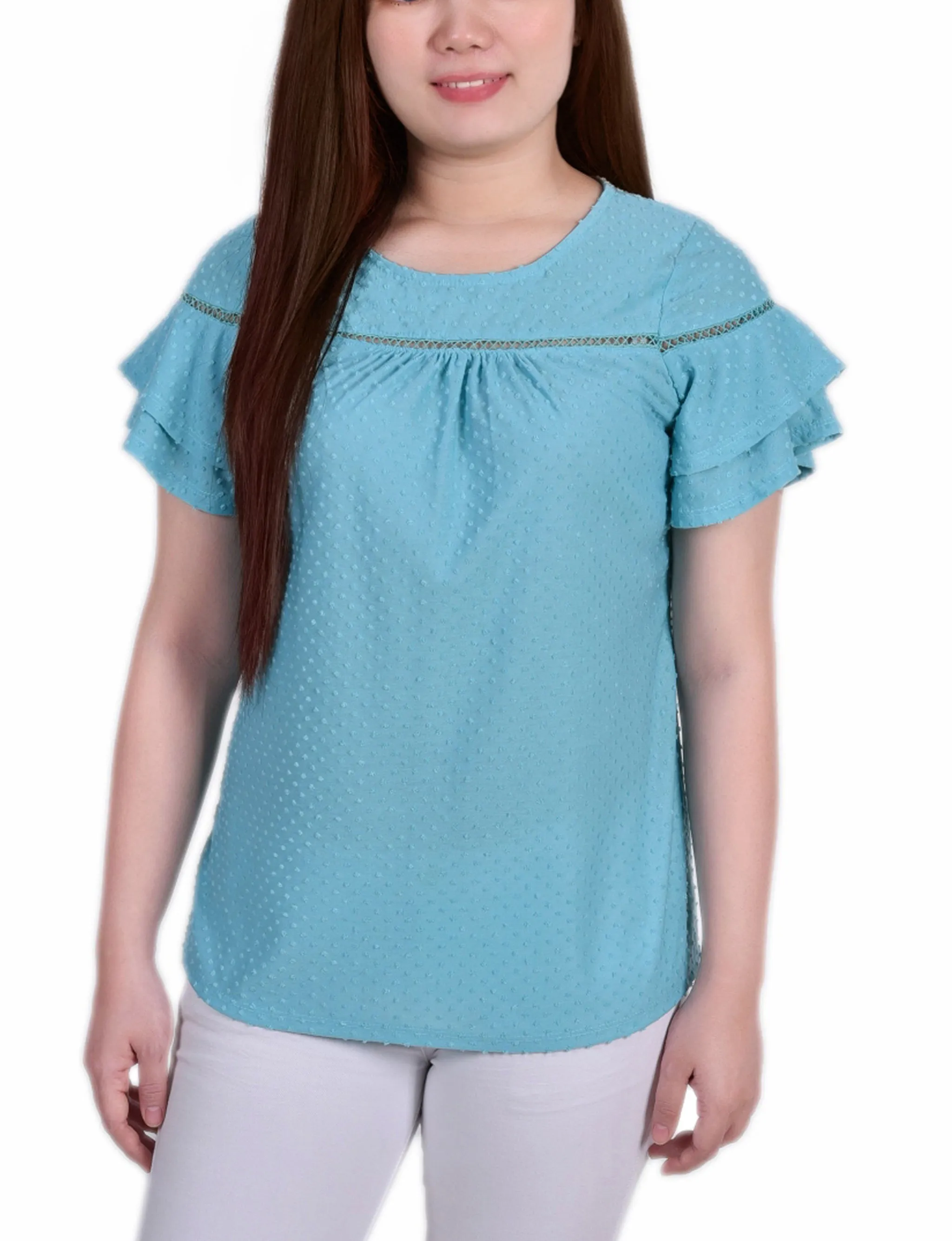 Stretch Comfort Low Profile Stitching Short Double Flutter Sleeve Swiss Dot Top