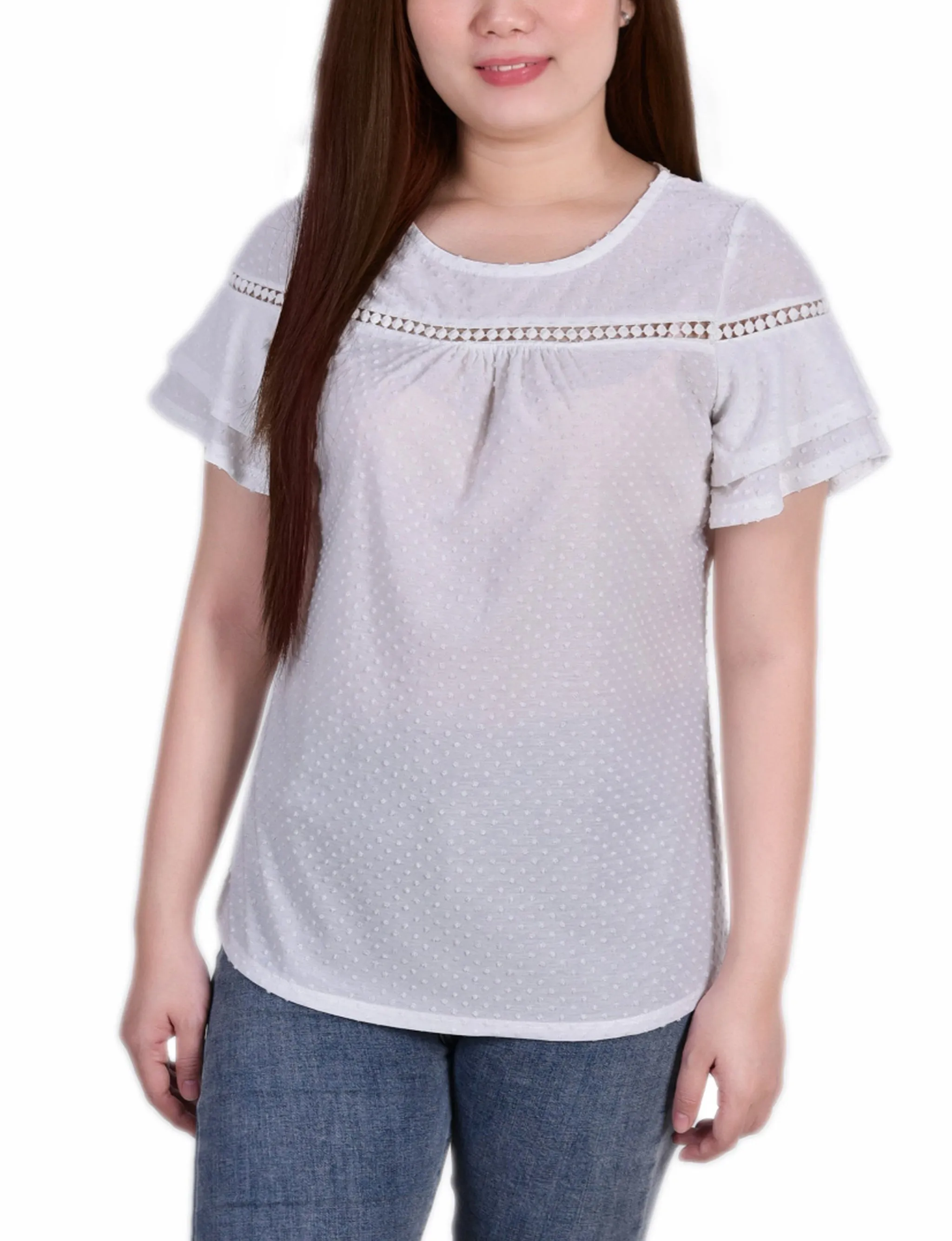 Eco Friendly Dye Oversized Collar Short Double Flutter Sleeve Swiss Dot Top