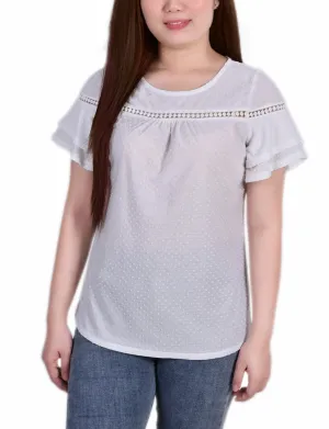 Short Double Flutter Sleeve Swiss Dot Top Hybrid Fabric Blend