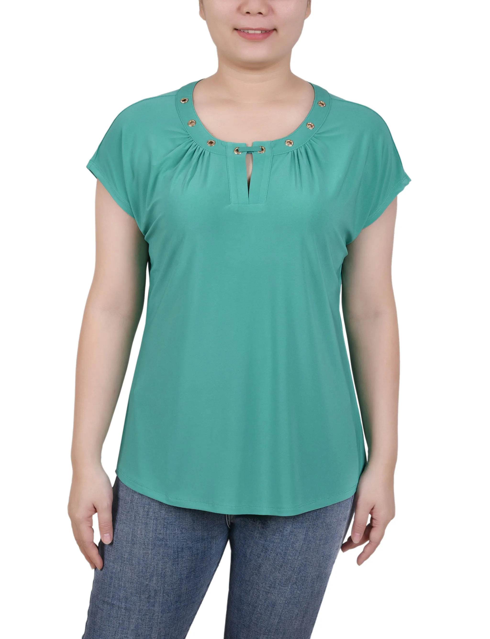 Loose cut NonScratchyLining Short Extended-Sleeve Grommet Neck Knit Top