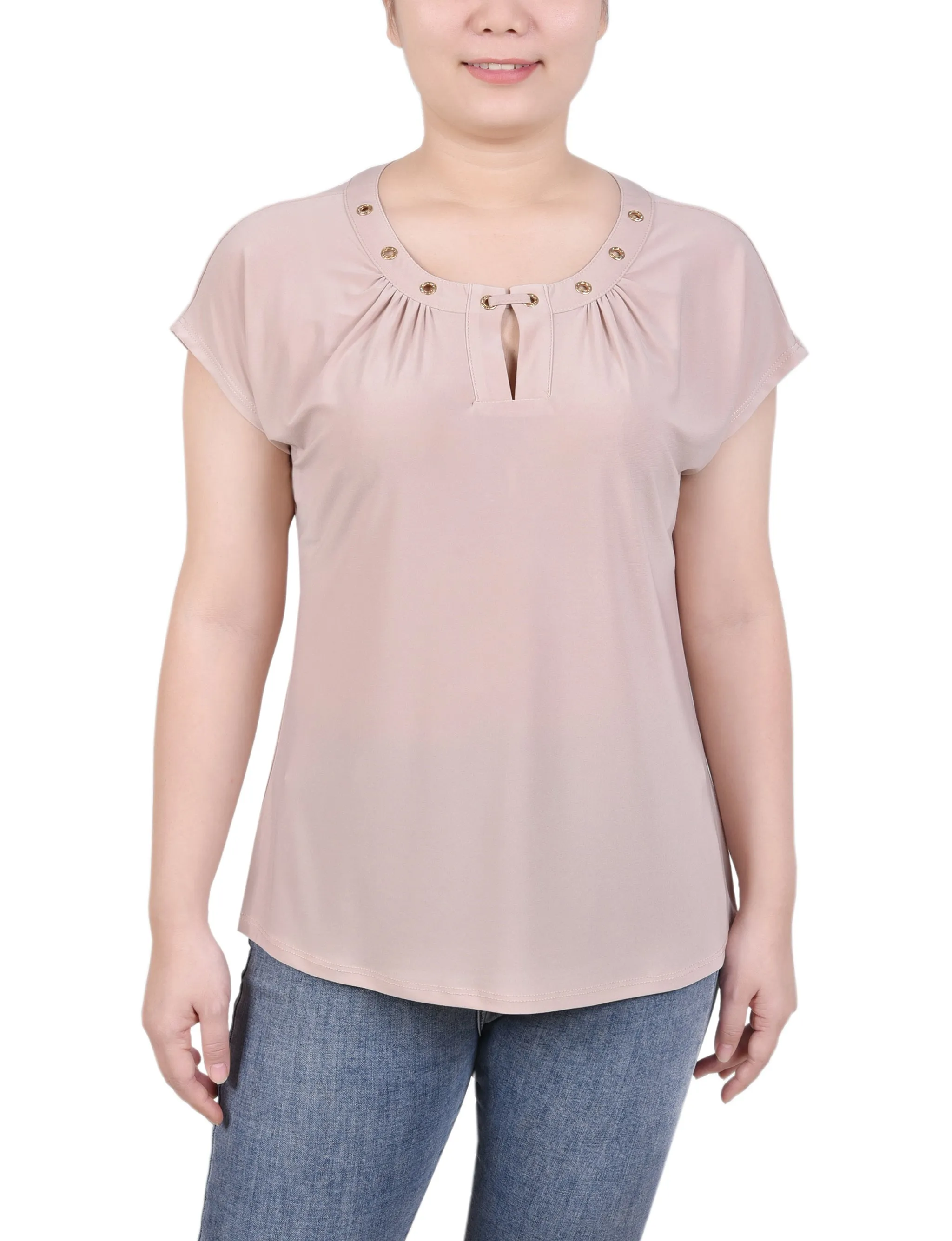 Short Extended-Sleeve Grommet Neck Knit Top Breathable fabric Stay Cool Technology