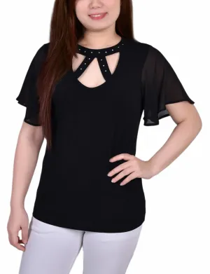 Short Flutter Sleeve Top With Rhinestone Studs UPFProtection