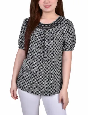 Short Puff Sleeve Sheer Inset Top StaticResistantFabric Basic Long Sleeve