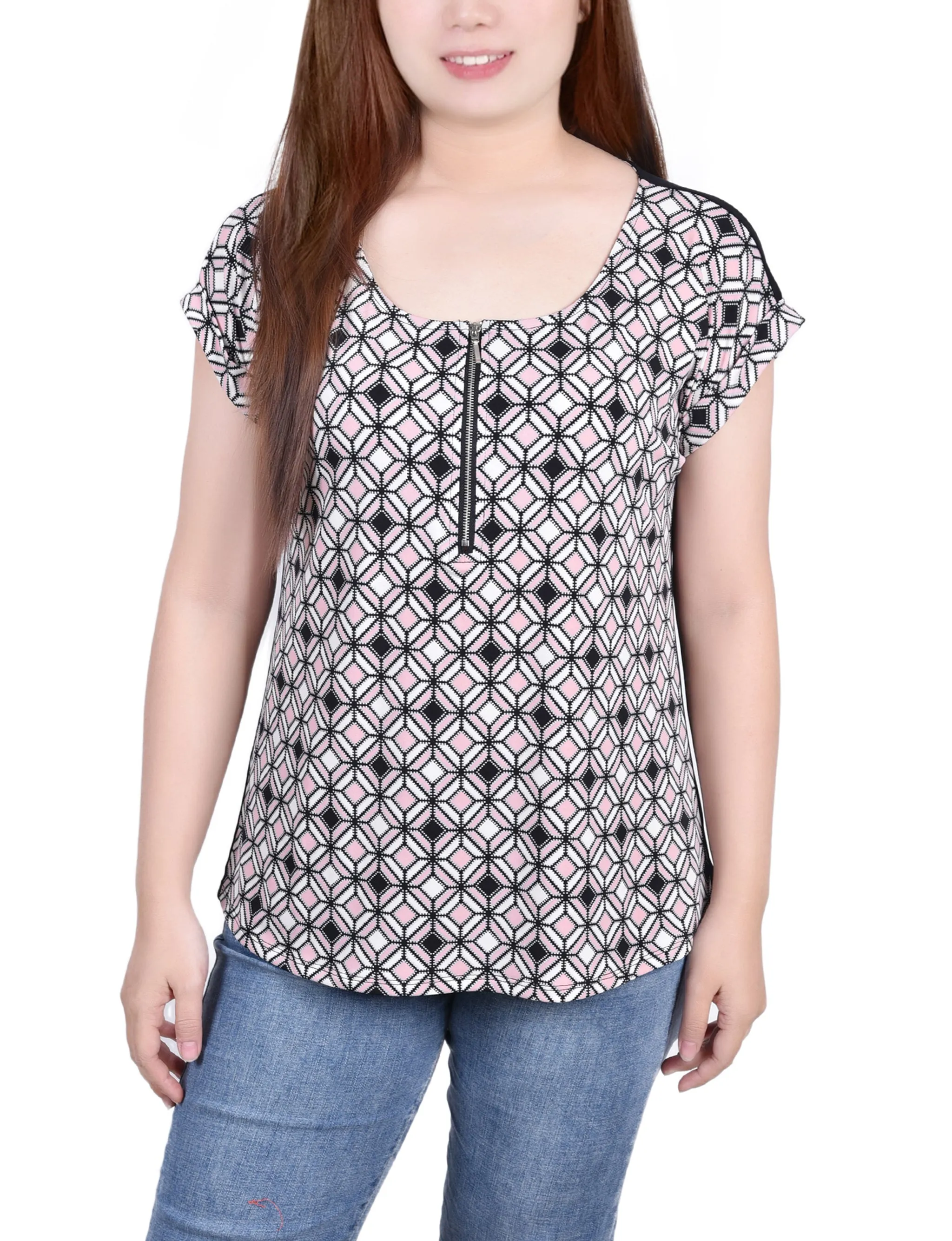 Curved Hem Design Short Sleeve 1/2 Zip Knit Top