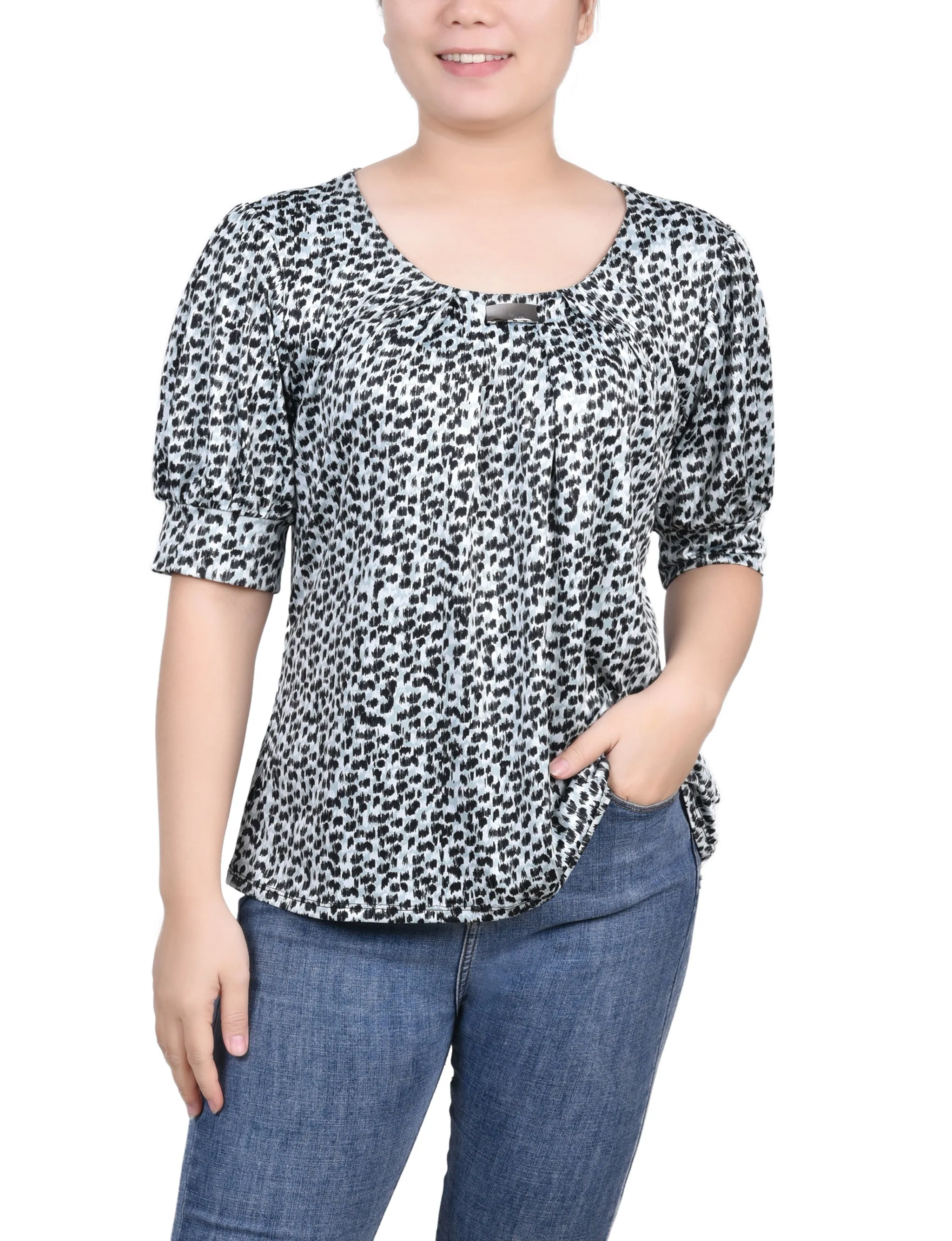MicrofiberTech Garment Washed Finish Short Sleeve Balloon Sleeve Top