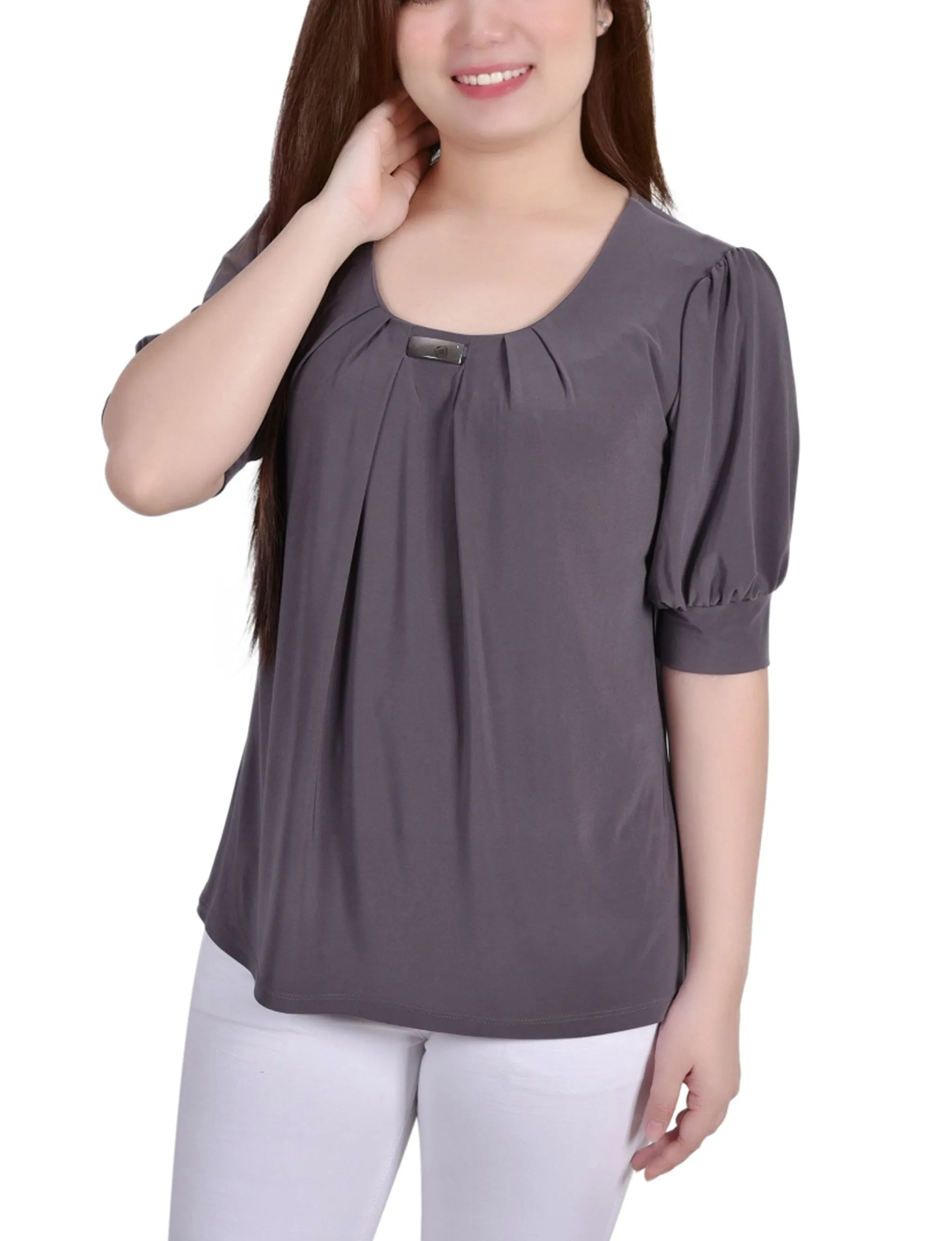 Short Sleeve Balloon Sleeve Top With Hardware NonRestrictive Cut