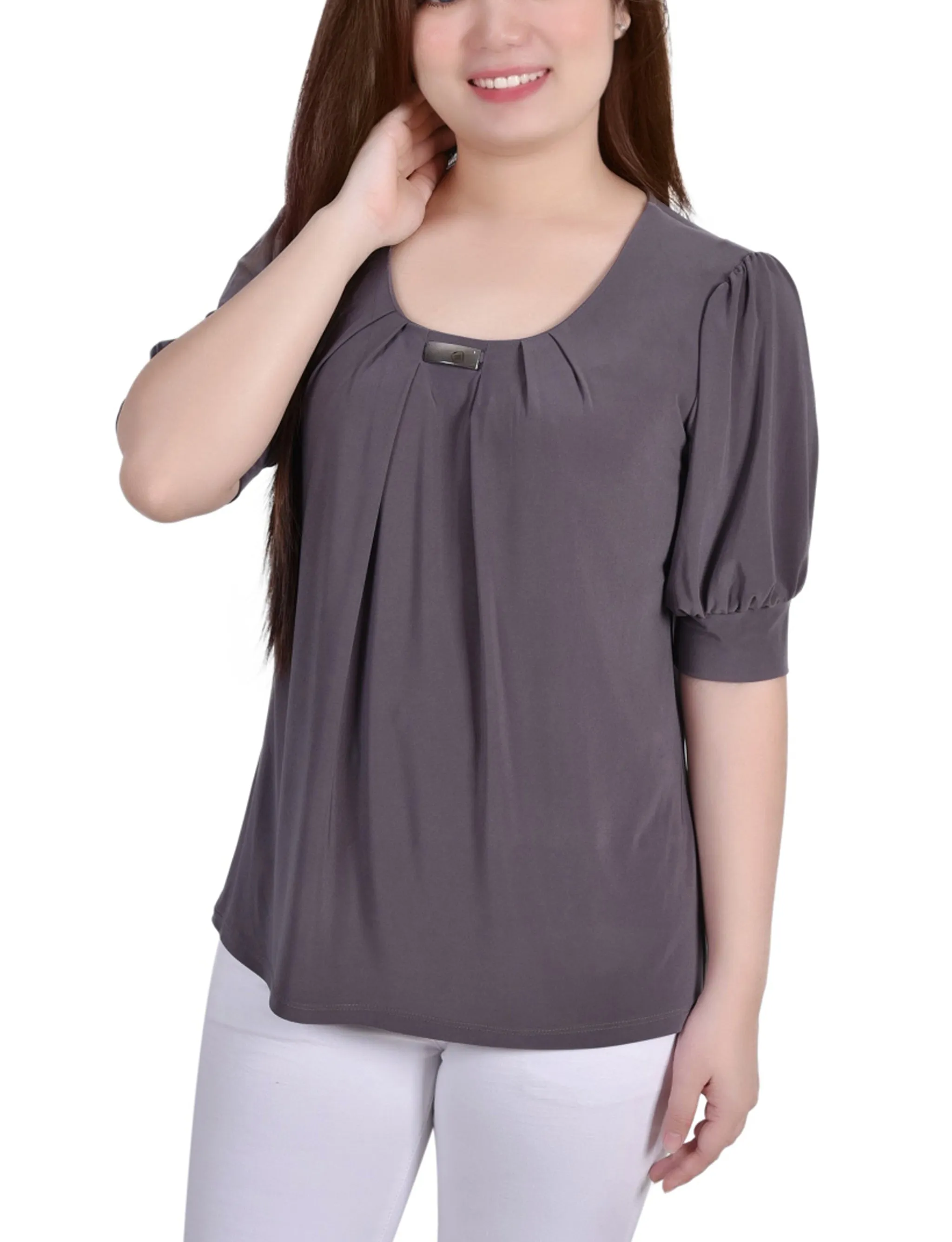 Short Sleeve Balloon Sleeve Top With Hardware sporty wear
