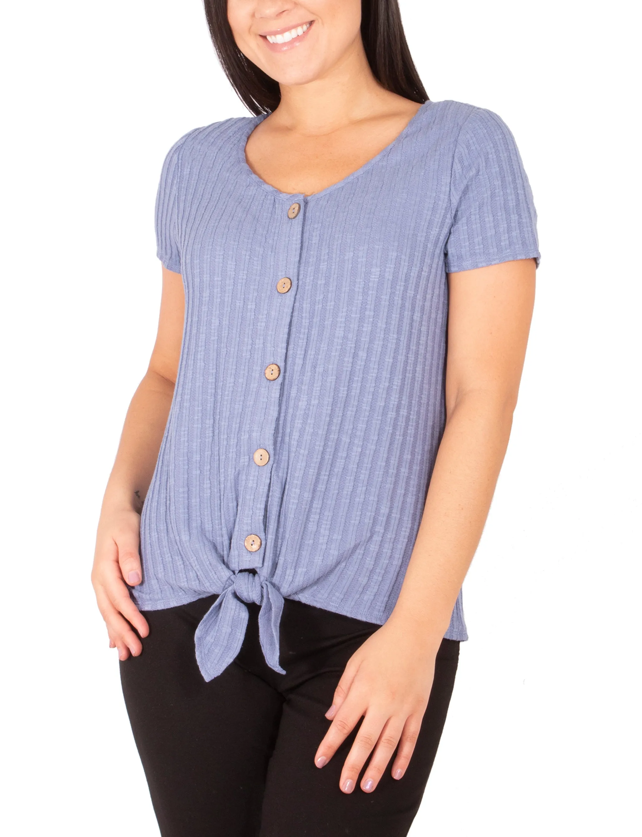 Flatlock Seam Technology Short Sleeve Button Front Top With Tie At Hem
