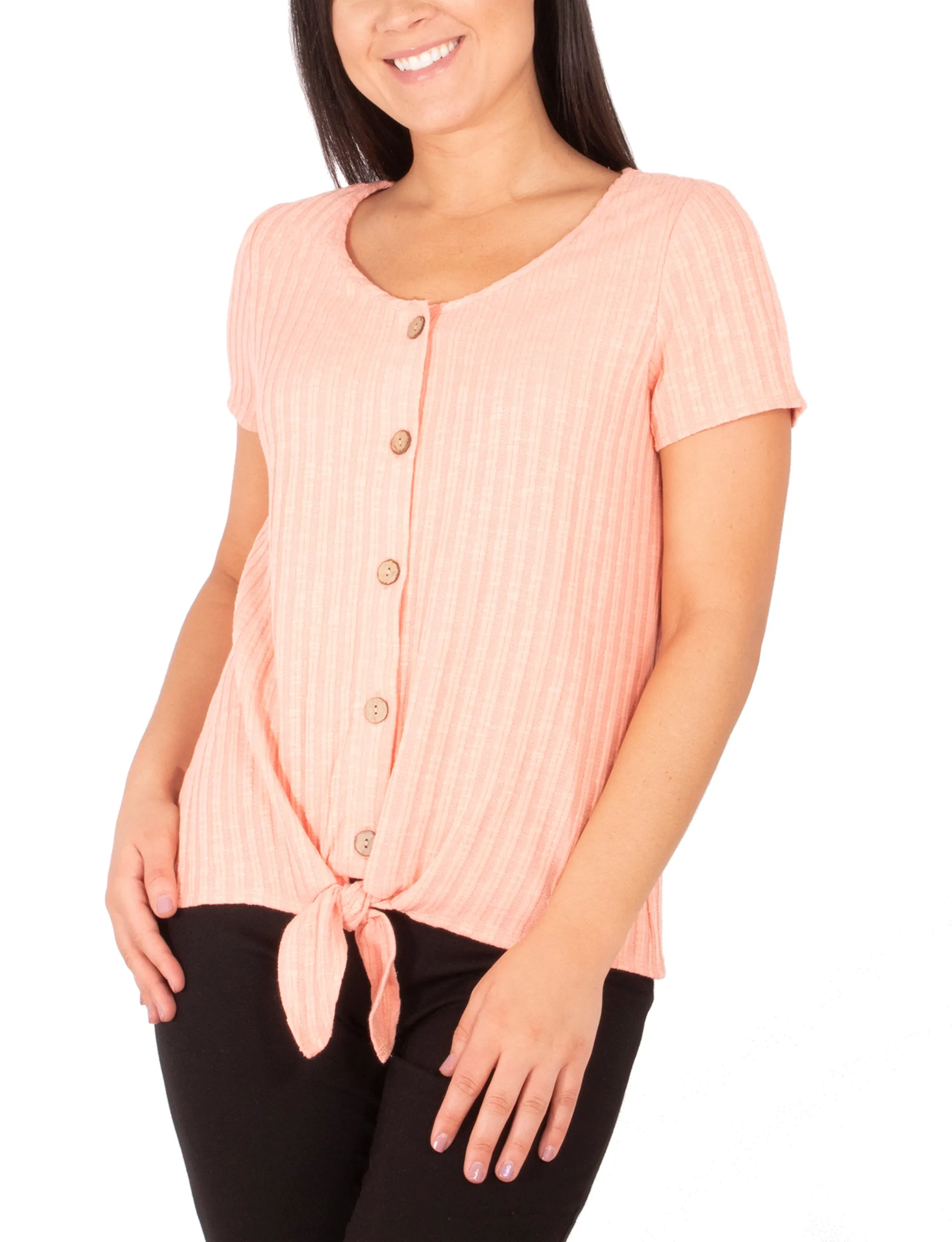 Short Sleeve Button Front Top With Tie At Hem Snag Resistant Surface BrushedInnerSurface