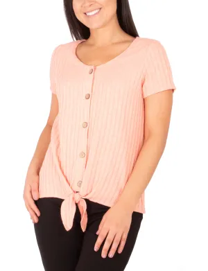 Cozy Fit Short Sleeve Button Front Top With Tie At Hem