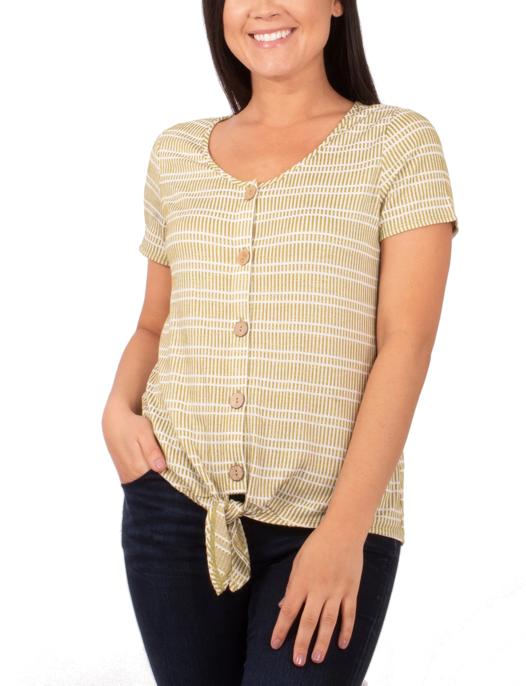 Short Sleeve Button Front Top With Tie At Hem SheerLayering