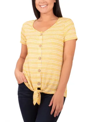 Short Sleeve Button Front Top With Tie At Hem Smooth Stitching
