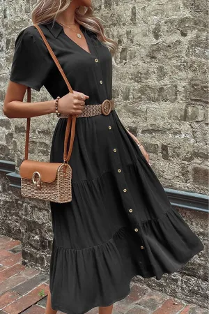 SHORT SLEEVE BUTTON UP CAKE DRESS Relaxed-fit gown