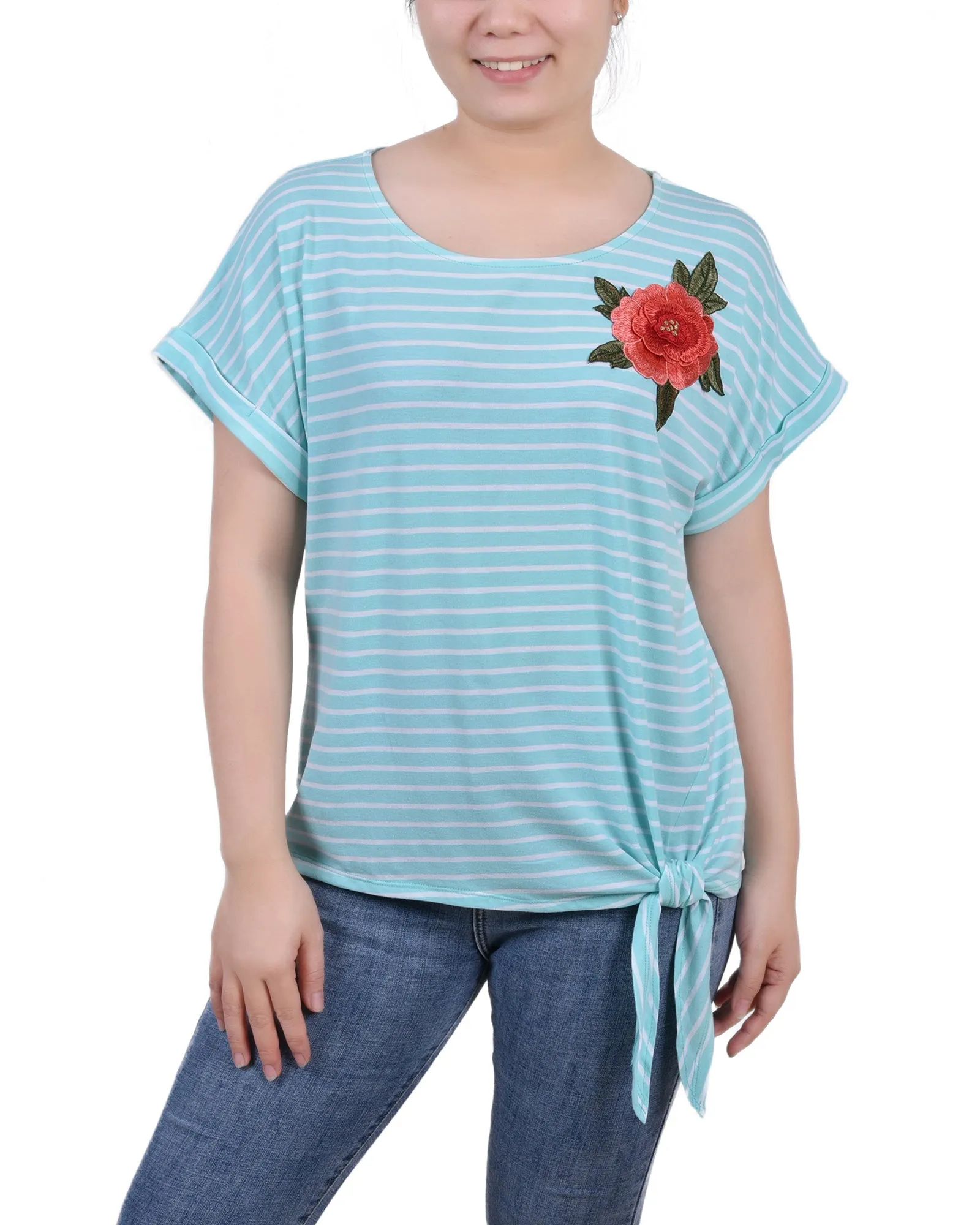 Short Sleeve Embroidered Tie Front Top Tagless Neckline Design AdjustableClosure
