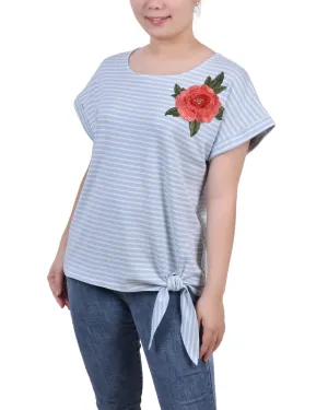 Short Sleeve Embroidered Tie Front Top 3D Spacer Fabric