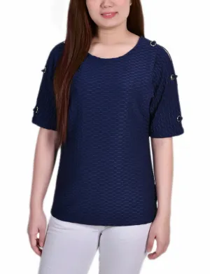 Short Sleeve Honeycomb Textured Grommet Top Yarn Dyed Stripes