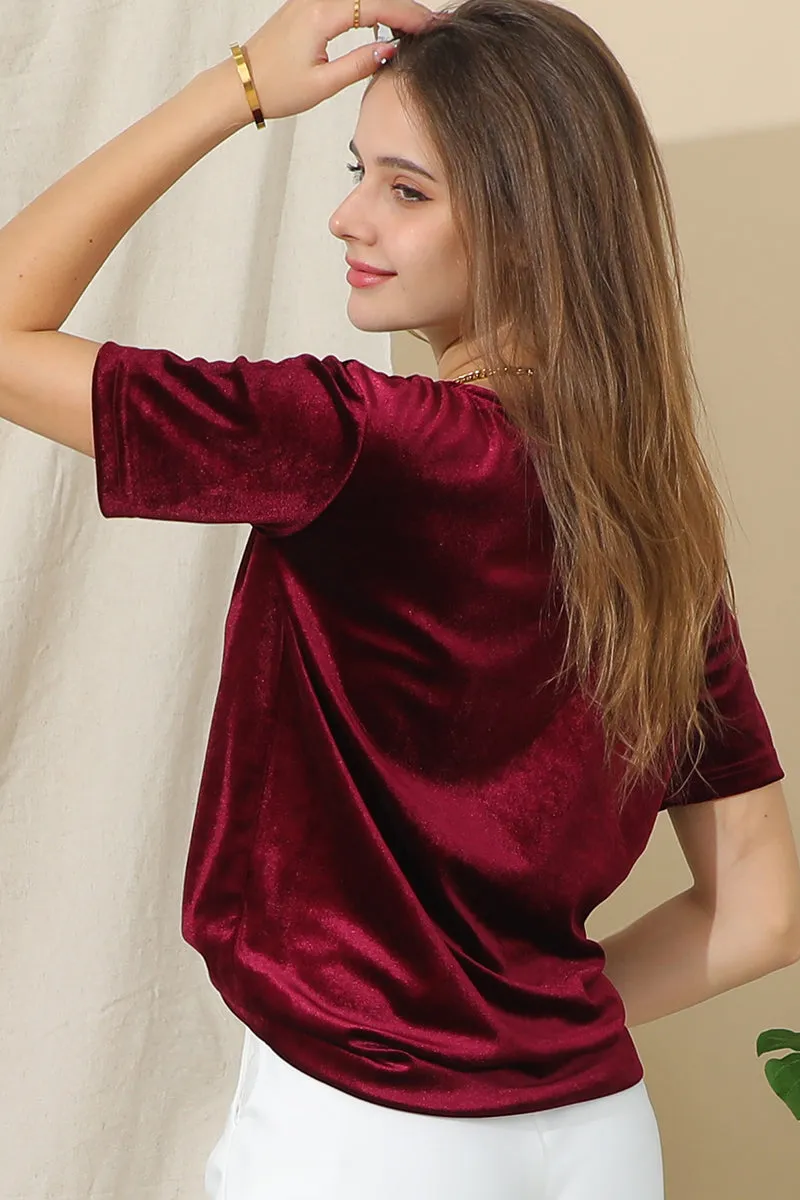 SHORT SLEEVE ROUND NECK VELVET CASUAL TUNIC TOP CompressionSupportWeave Fashionable Fit
