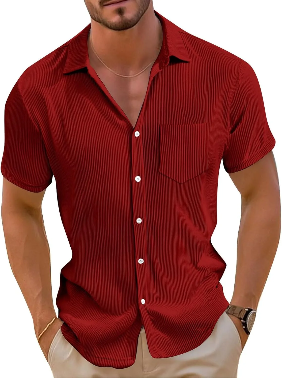 Short Sleeve Shirts for Men Summer Solid Formal Business Shirt Stretch Casual Button Down Dress Tshirts