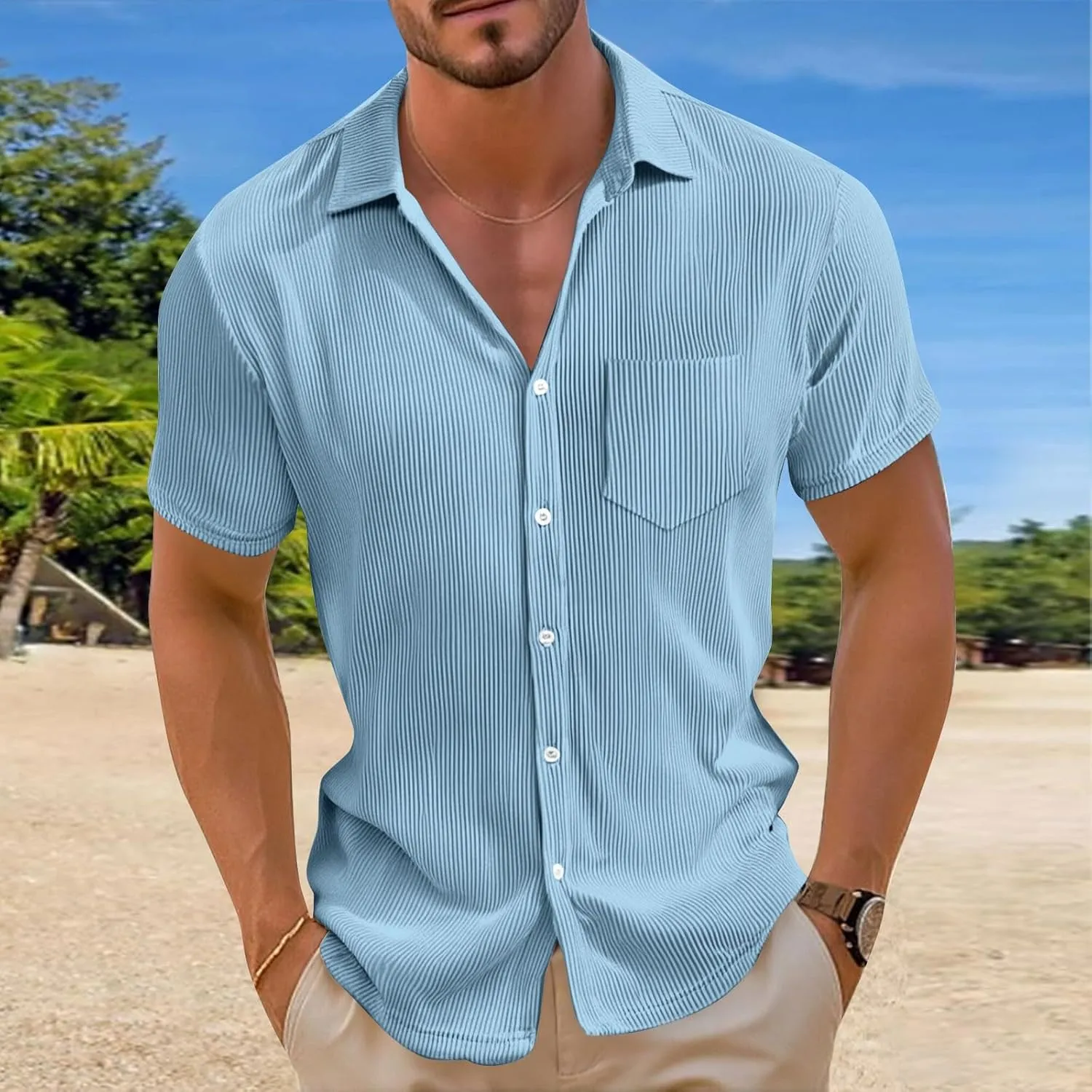 Short Sleeve Shirts for Men Summer Solid Formal Business Shirt Stretch Casual Button Down Dress Tshirts