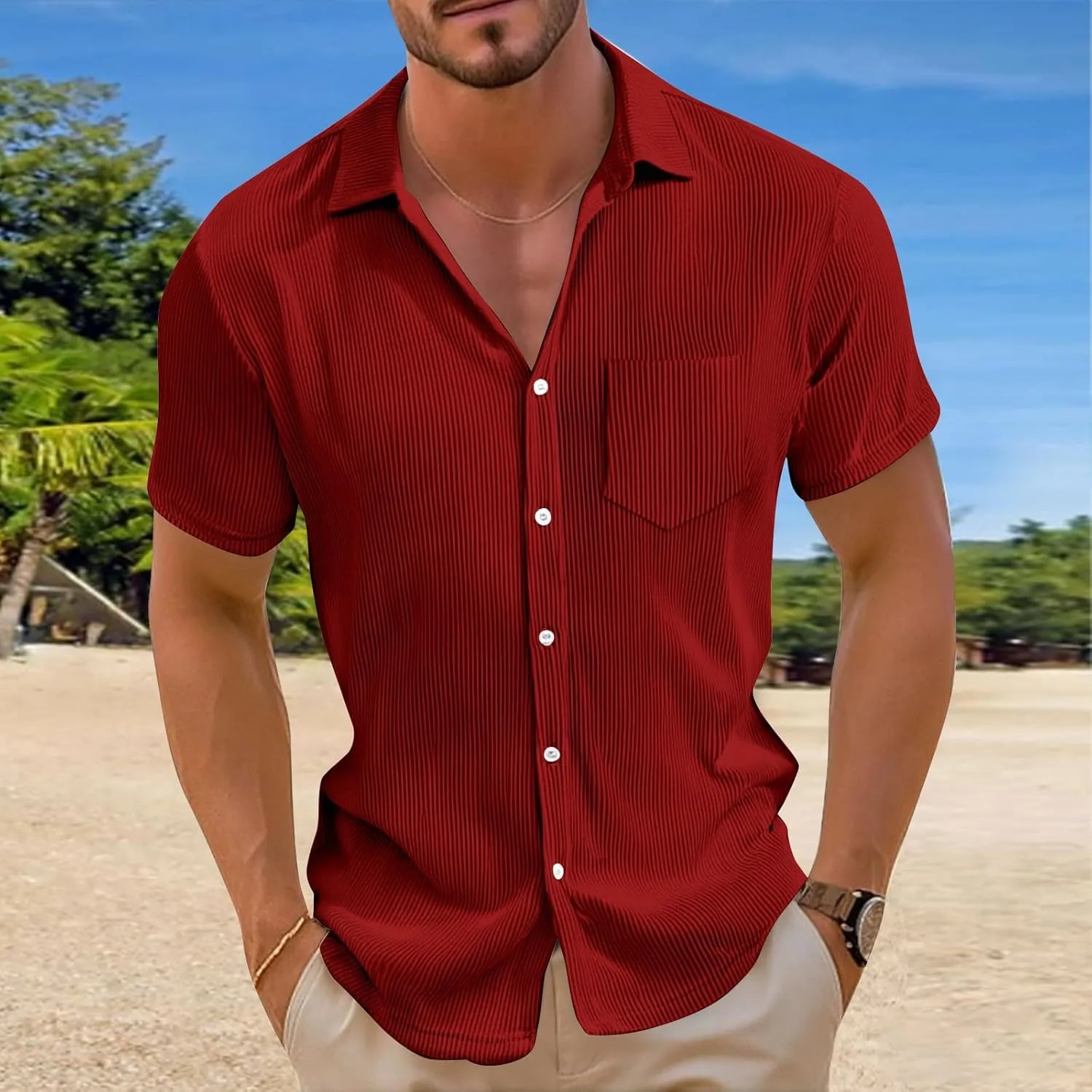 Short Sleeve Shirts for Men Summer Solid Formal Business Shirt Stretch Casual Button Down Dress Tshirts