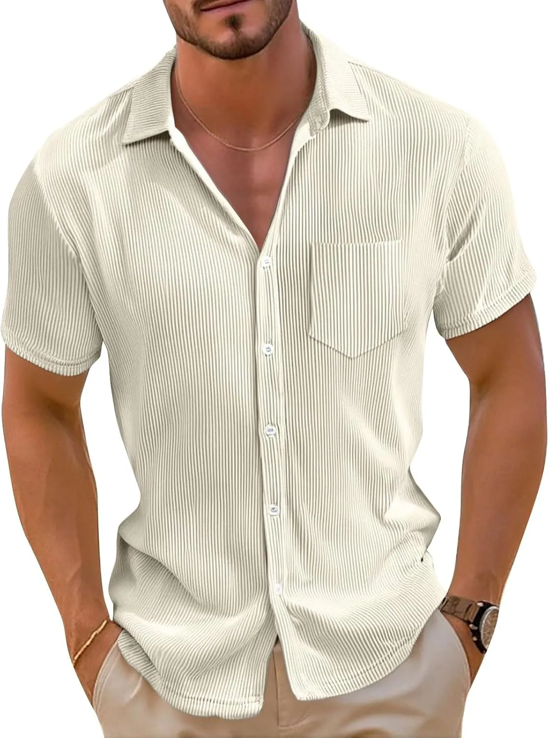 Short Sleeve Shirts for Men Summer Solid Formal Business Shirt Stretch Casual Button Down Dress Tshirts