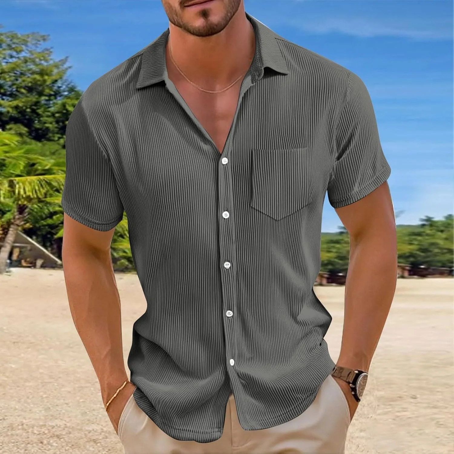 Short Sleeve Shirts for Men Summer Solid Formal Business Shirt Stretch Casual Button Down Dress Tshirts