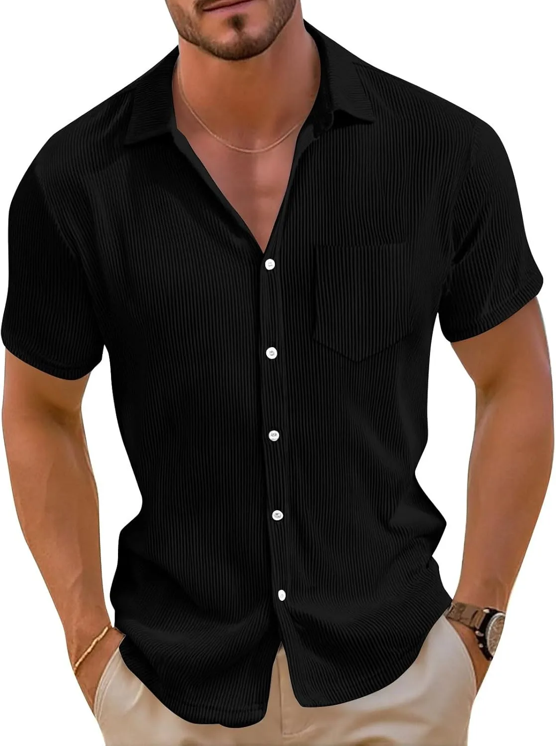 Short Sleeve Shirts for Men Summer Solid Formal Business Shirt Stretch Casual Button Down Dress Tshirts