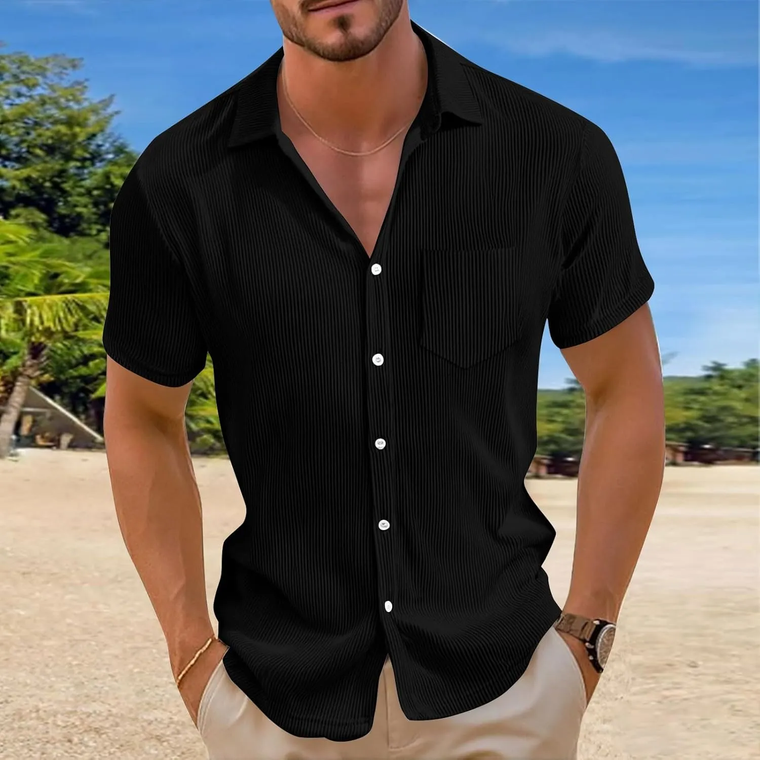 Short Sleeve Shirts for Men Summer Solid Formal Business Shirt Stretch Casual Button Down Dress Tshirts