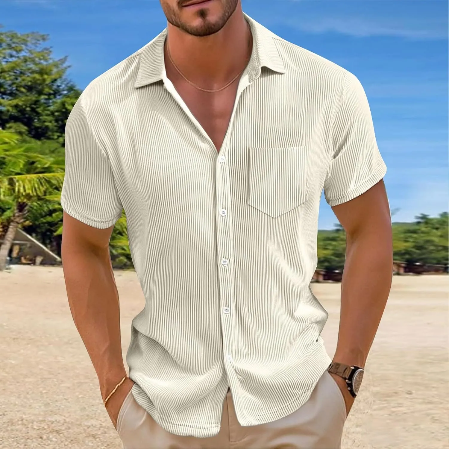 Short Sleeve Shirts for Men Summer Solid Formal Business Shirt Stretch Casual Button Down Dress Tshirts
