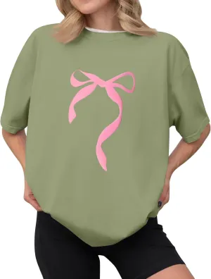 Short Sleeve Shirts for Women,2025 Summer Cute Trendy Pink Bow Print Going Out Tops,Casual Loose Crewneck Y2K Tees