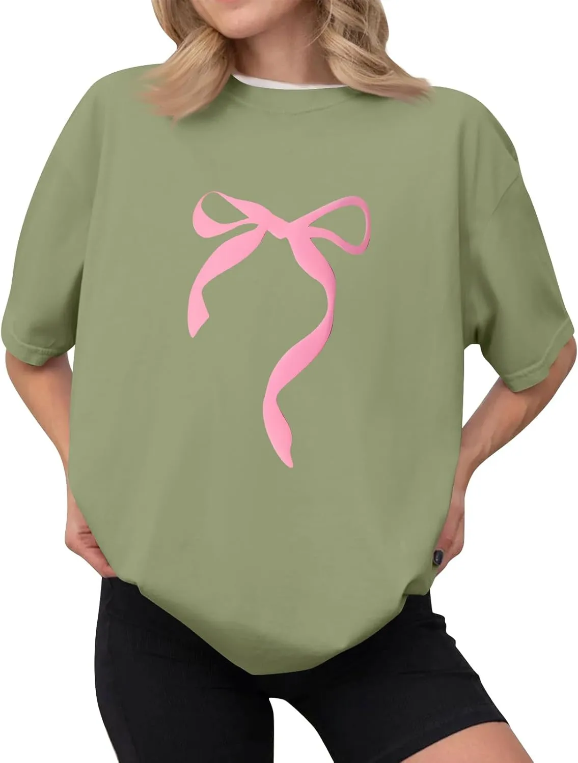 Short Sleeve Shirts for Women,2025 Summer Cute Trendy Pink Bow Print Going Out Tops,Casual Loose Crewneck Y2K Tees
